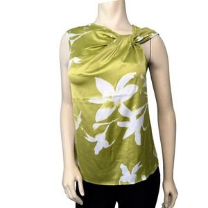 Calvin Klein Blouse Women S Green Excellent Floral Knot Neck Satin Sleeveless
